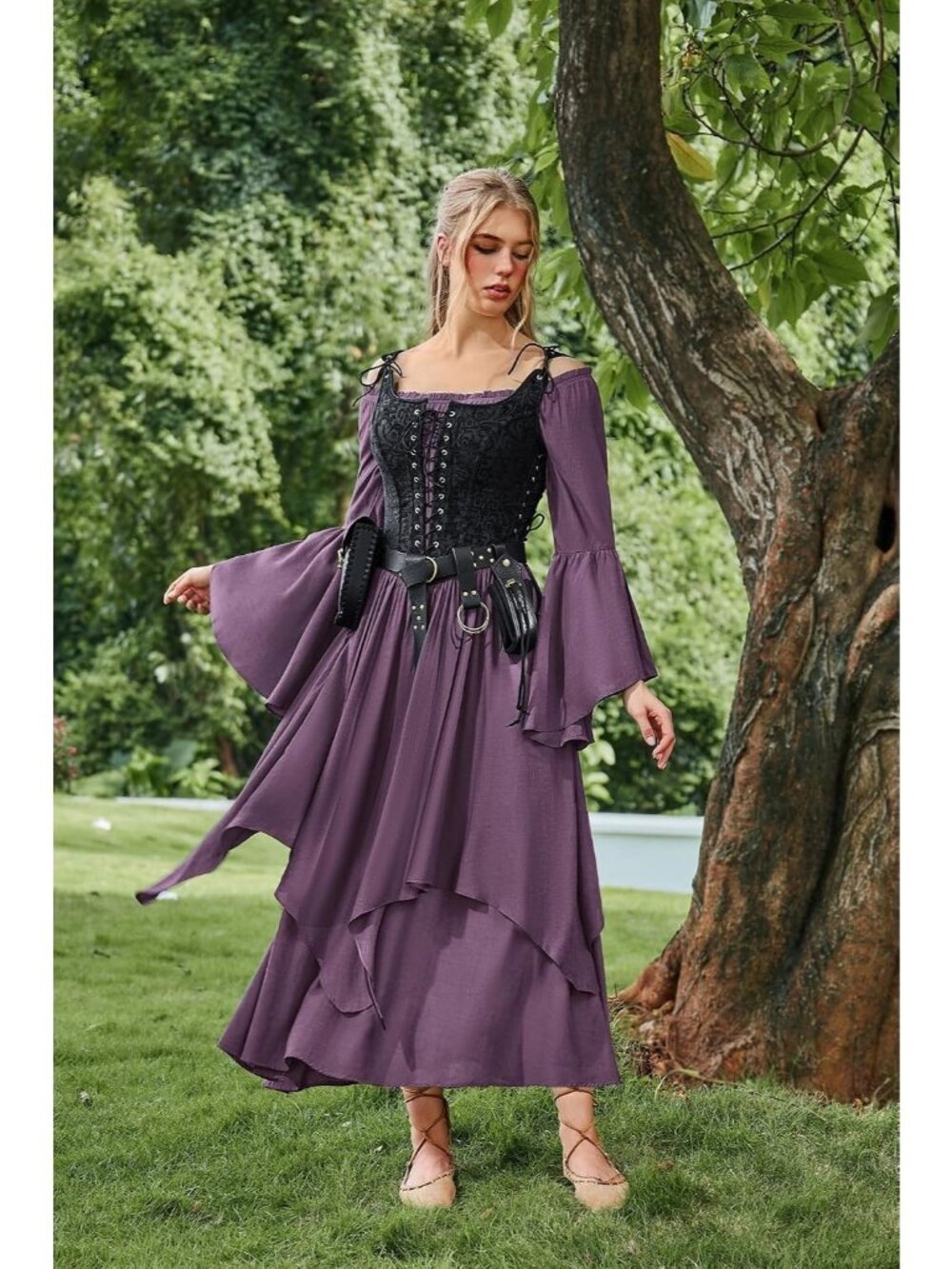 Women's Purple Renaissance Maxi Dress Off Shoulder Bell Long Sleeve Halloween - Picture 4 of 7